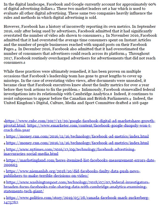 Full disclosure, we filed yesterday supporting these docs shouldn’t be sealed due to public interest in case, implications to trust in digital ads, claims of fraud, fake accounts, etc. Cite Parliament report labeling of Facebook as “digital gangsters” among other reports.