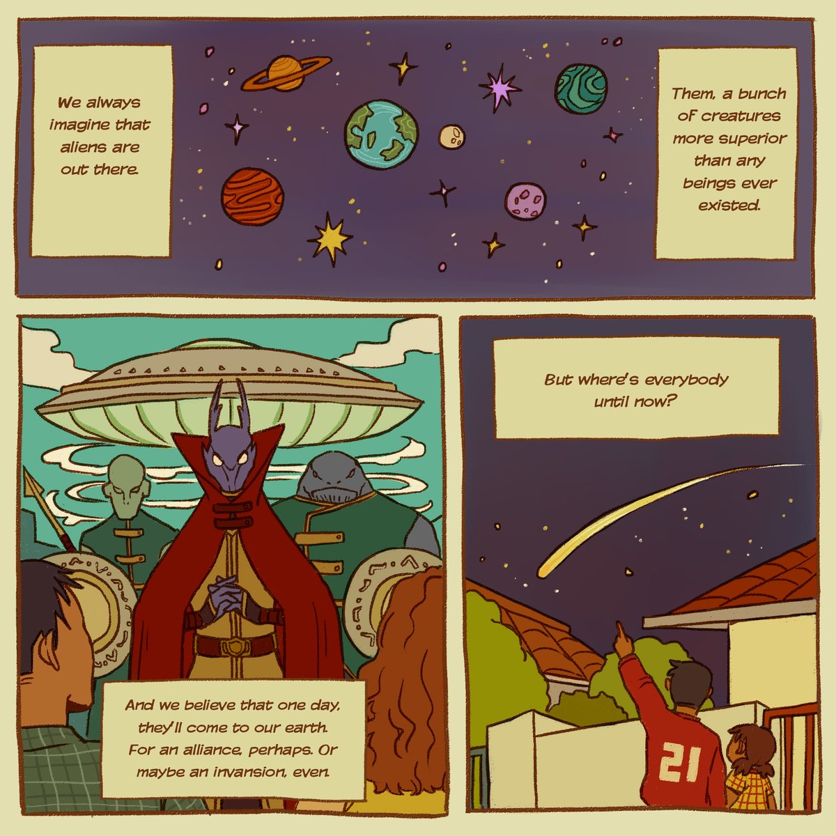 This is an old comic I made but never upload in this Twitter account, so I figured I will publish this for #EarthDay2020 :)
Inspired by Stephen Webb's TED Talk about the Great Filter, I tried to visualize the humanity perspective out of it (1/3)