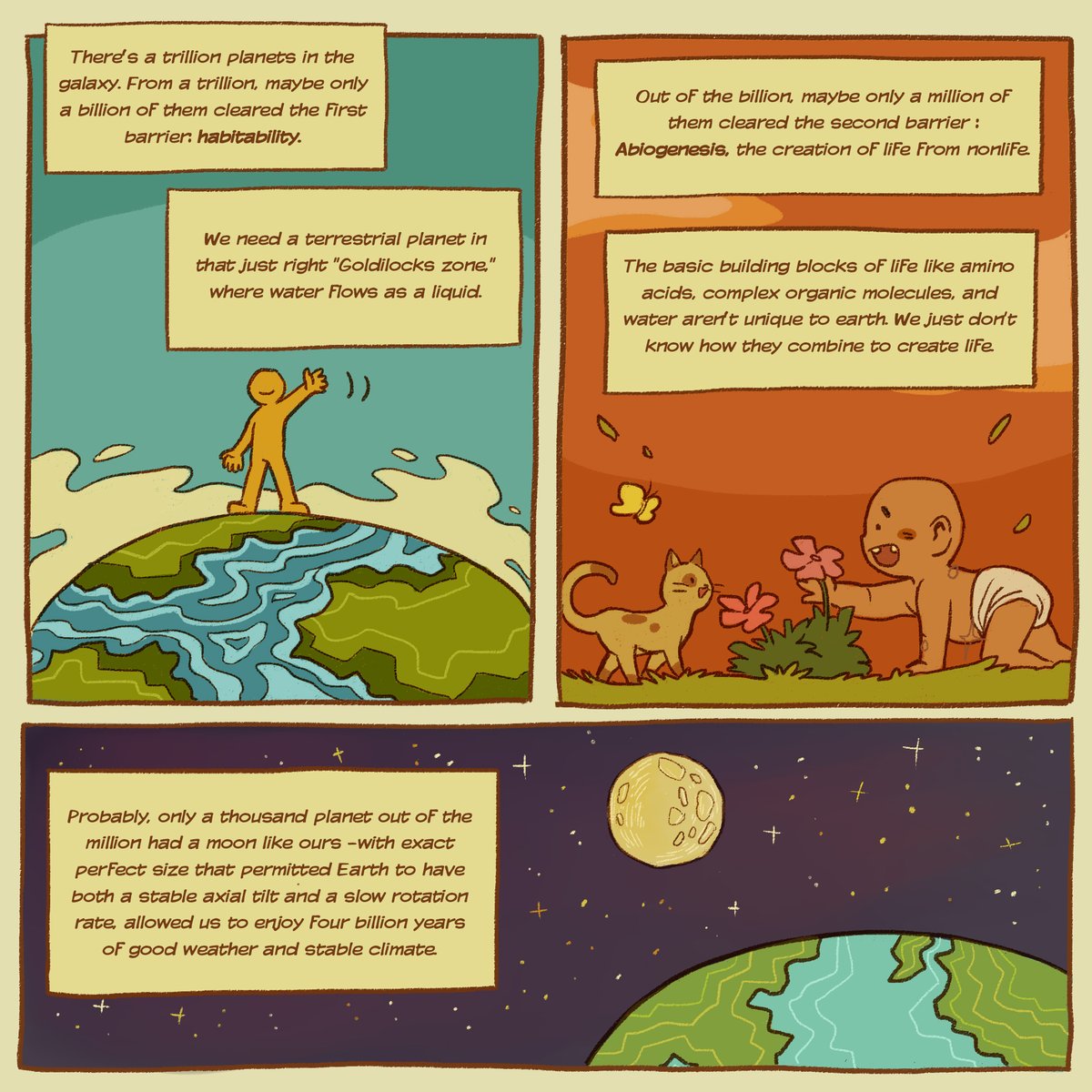 This is an old comic I made but never upload in this Twitter account, so I figured I will publish this for #EarthDay2020 :)

Inspired by Stephen Webb's TED Talk about the Great Filter, I tried to visualize the humanity perspective out of it (1/3) 