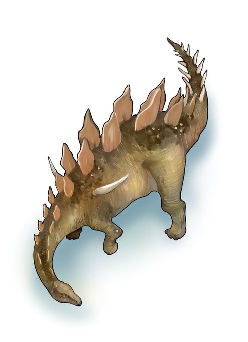 ミラガイア。首の長いステゴザウルスといった感じで、剣竜としては珍しく白亜紀まで続いたとか。首はキリンのように頸椎が一つ一つ長いのではなく個数が多かったようですから柔軟に曲がったのではないかと思います。 