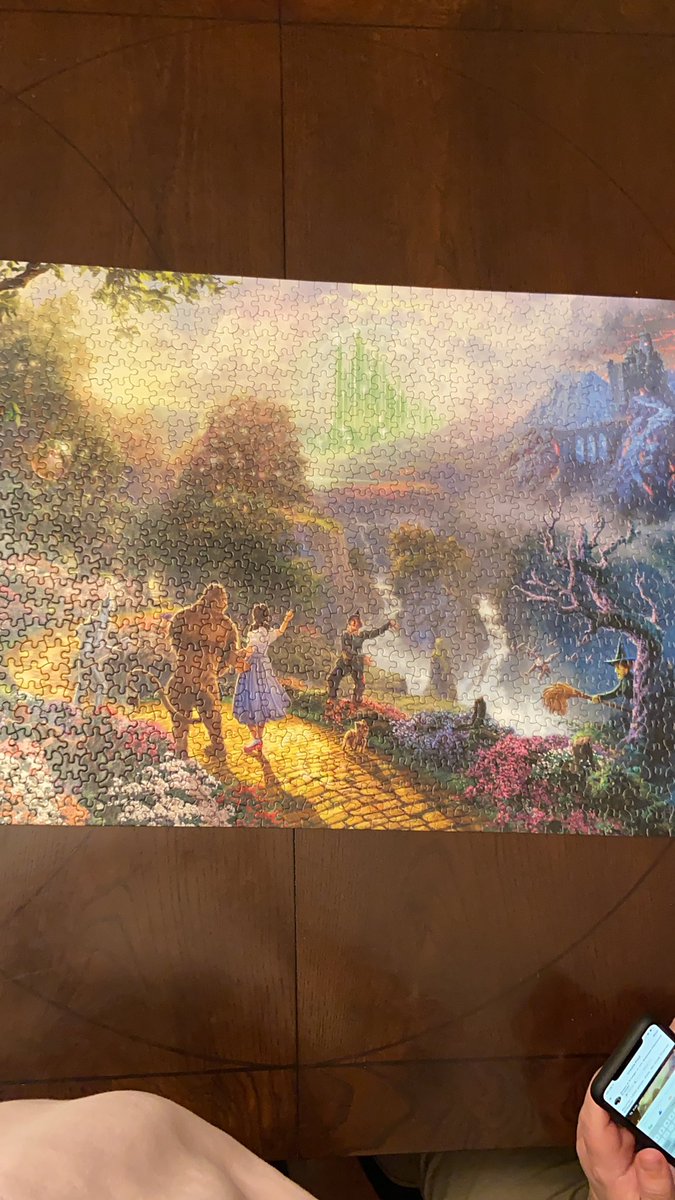 happyshawnee's tweet photo. Three days of puttering around and we finally finished this one! Note to self: Mr Kinkade’s artwork is pretty but his puzzles are a challenge! #WineMakesPuzzlesMoreFun https://t.co/sFcodPhhjJ
