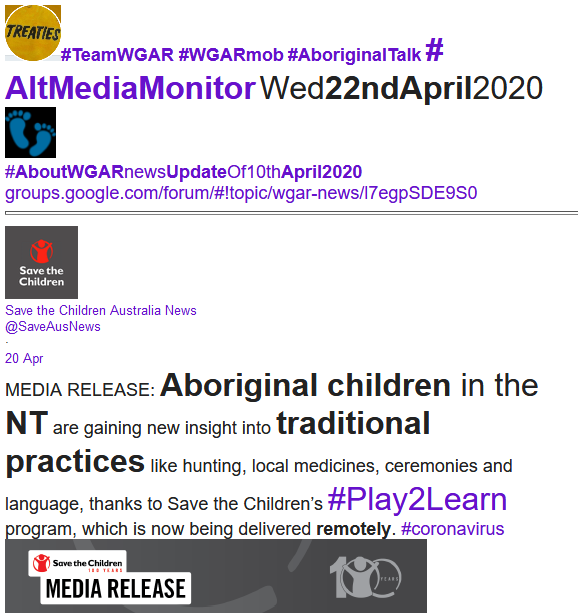 WgarNews's tweet photo. @3wombats @lynlinking @JonesHowdareyou @RobRobbEdwards @RachelQuayle08 @WhteRbbnAdvocat @OBallmark2 @CartwheelPrint @rationalbitch @Kosmic_Quokka @paulinehollywoo @mojonewsau @BakchosGlass @LadyPoop2 @CapesJoy @FatherBob @FaiMujer @JennyPineapple2 @anne_clothier @Michz45 @NLC_74 @L_DeWeaver #AboriginalChildren #inNT are #GainingNewInsight in2 #TraditionalPractices like #Hunting, local #AboriginalMedicines, #AboriginalCeremonies, #AboriginalLanguage, thanks2 #SaveTheChildrenAustralia #Play2Learn program #COVID19au
#SaveAusNews @SaveAusNews
https://t.co/fJlnPS4iS9 https://t.co/NNiaydiFY8