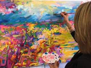 WAVEArtistsTour's tweet photo. WAVE Artist Amanda Onchulenko doing something last touch ups.  She’s hoping to see you in September, just like all the other WAVE Artists.  Stay home stay safe, lets kill that virus so we can WAVE on........#watchthewave #interlakeartistsstudiotour #acrylic https://t.co/8331XEOq20