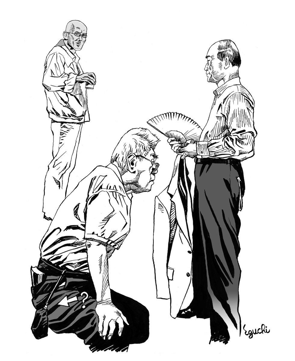 何日か前にあげたおっさんの絵、意外にみなさん楽しんでくれたようで、もっと見たいとの声が多かったのであげますよ。電車の中や街中で見かけたフツーの愛すべきおっさんたちです。エッセイつきで読みたい方は『親父衆』( https://t.co/BrCiXB2rpc )という本を探してみてみださい。 