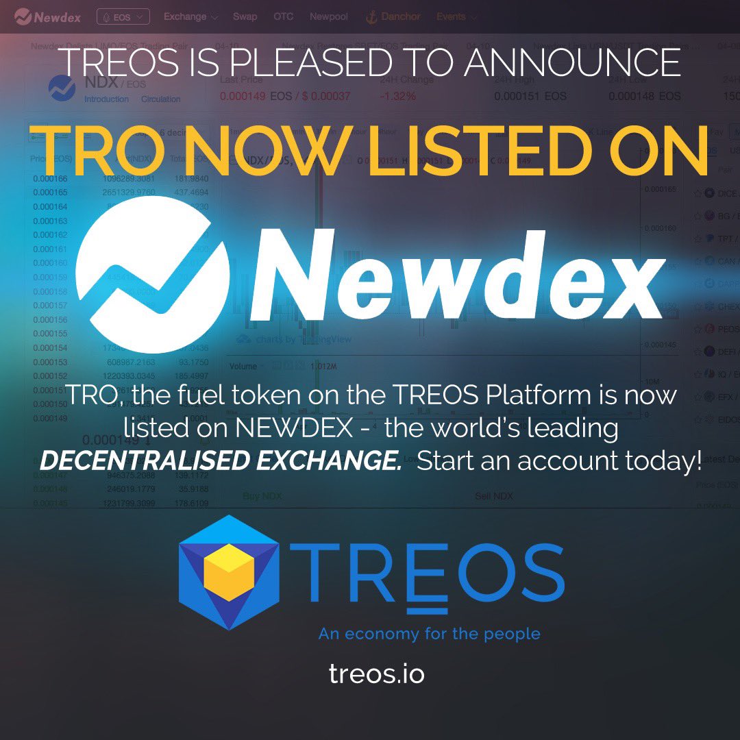 The TREOS $TRO Stable Token is now live on <a href="/NewdexOfficial/">Newdex #EOS</a> $EOS Exchange. 

Start an account today and pick up some $TRO on the $EOS pairing, now! 

$TRO is anchored to the price of 1g of #gold, making it an excellent store or value

#NewDex #Crypto #Marketplace #CryptoNews