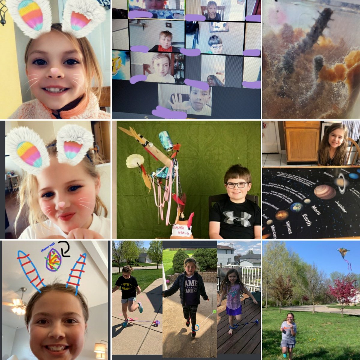 AprilVandiver's tweet photo. More new photos from my second grade class: We have bunny surprises, a sculpture, caterpillars, puzzles, exercise, a kite, and more! We help our world by staying home. We are all still growing, and still a family.❤️ https://t.co/uJd7zzy4r8