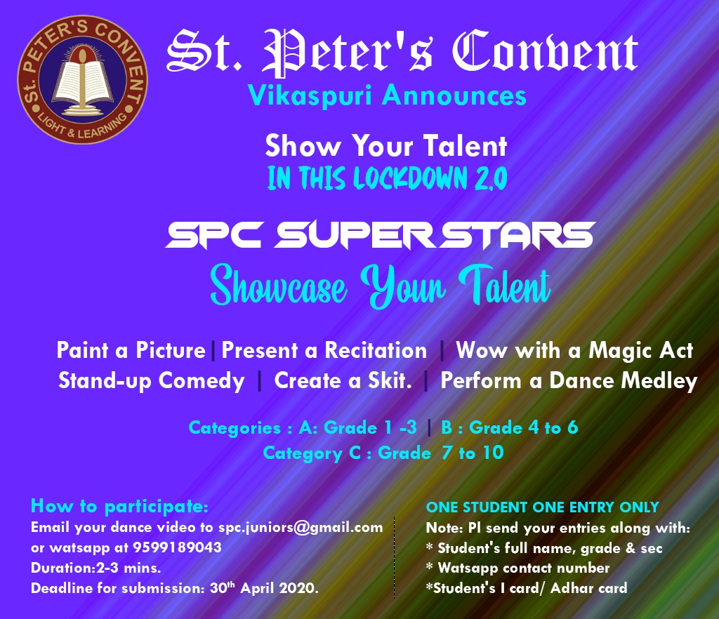stpetersconvent's tweet photo. #spc #spcsuperstars #showcaseyourtalent #lockdown #onlinecompetition #bestschoolinvikaspuri #stayhome #STAYSAFE_ASC https://t.co/9CXFWrpDgK