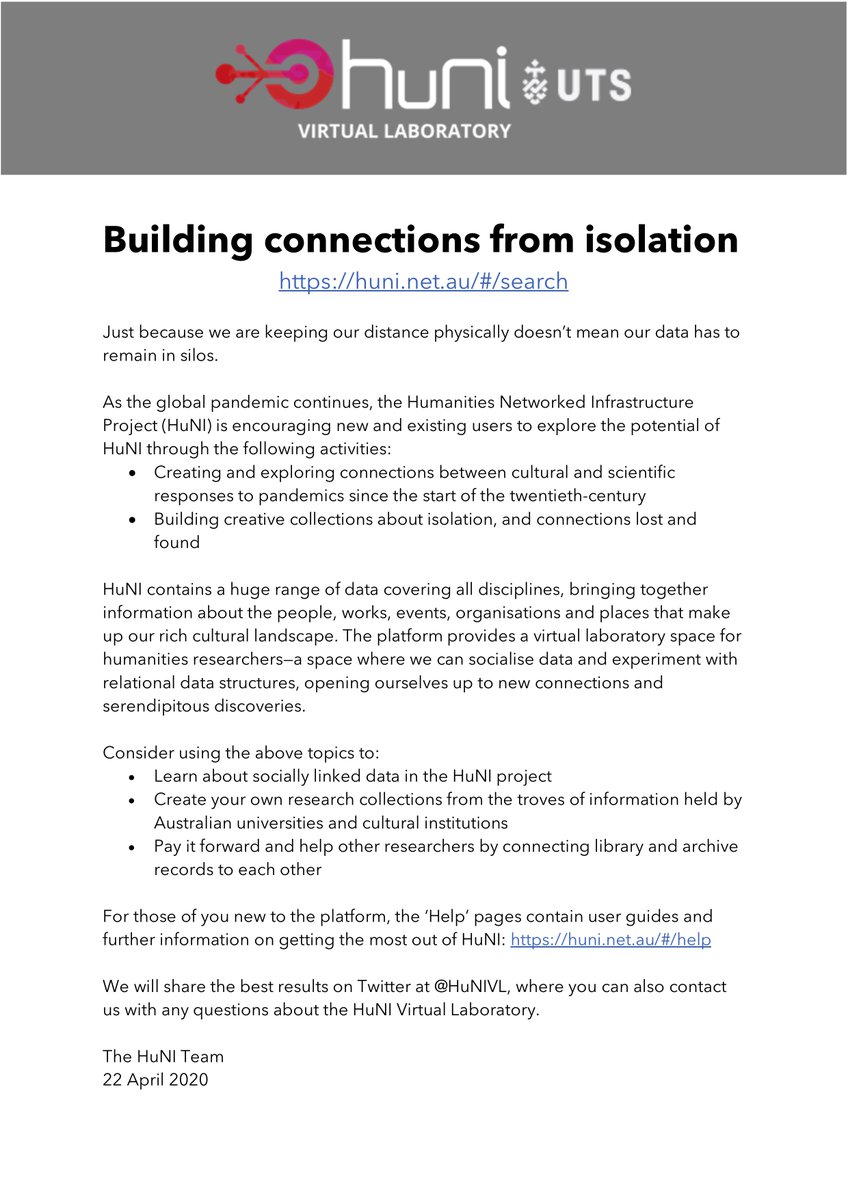Just because we're keeping our distance physically doesn’t mean our data has to remain in silos. The Humanities Networked Infrastructure Project (HuNI) is encouraging new and existing users to explore the potential of HuNI huni.net.au/#/search #DH #DigitalHumanities