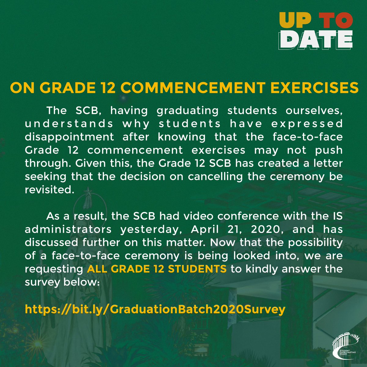 LOOK: The possibility of a face-to-face graduation ceremony is now being looked into. As agreed upon during the VCA meeting, a survey with legitimate contact details of the student respondents regarding the Grade 12 Commencement Exercises shall be conducted. (1/2)