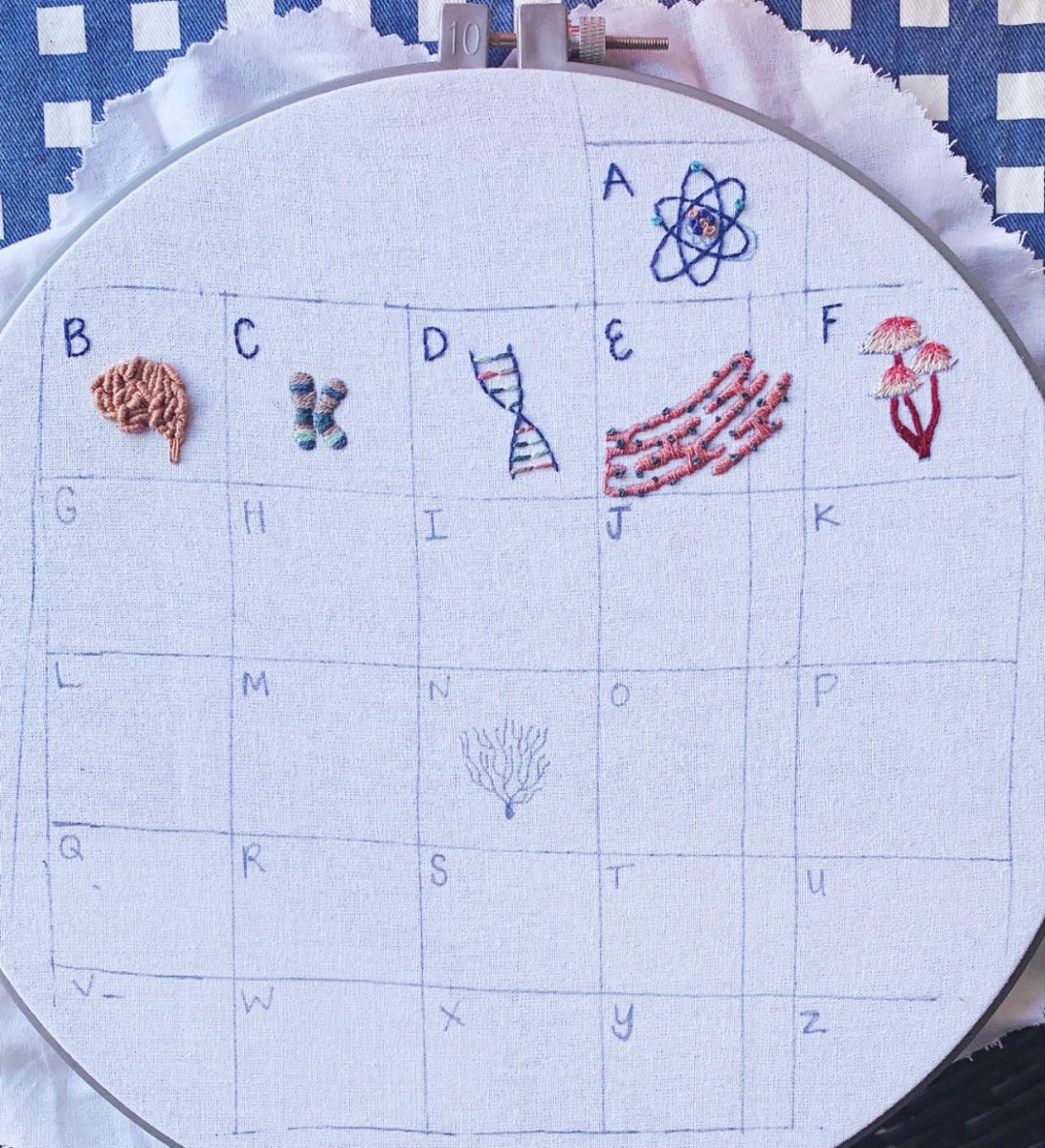 ScienceHew's tweet photo. My quarantine project! An embroidered science alphabet! Everyday on my Instagram people give suggestions for each letter and then we vote between the top 2 and one wild card pick. It’s been SO fun! Right now you can vote on H and suggest for I! #scienceart #AcademicTwitter https://t.co/w8eysHHshI