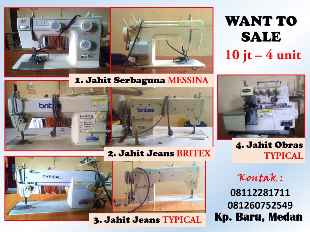 JeansMedan's tweet photo. silakan jika ada yg berminat atau membutuhkan mesin jahit.

harga masih bisa dinego. 
diutamakan utk ambil semua unit sekalian.

lokasi di Kp. Baru, Medan 

mhn dibantu @medanupdate @anakmedannn @medan @taukomedan @ceritamedan @taukomedan @medantalk 

🙏 https://t.co/bDbTkF9KOS