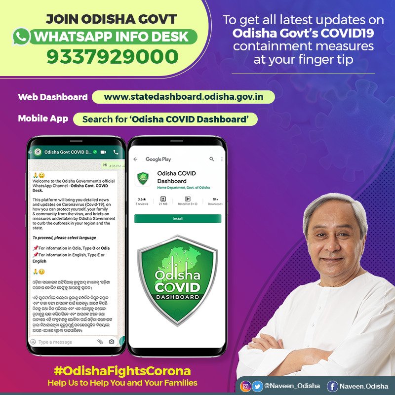 Naveen_Odisha's tweet photo. Glad to launch Odisha Govt’s #WhatsApp Info Desk - 9337929000. Appeal everyone to say “Hi” or click https://t.co/cHuShnv3lh to get the latest info on Odisha Govt’s #COVID19 containment measures at your fingertip to keep you &amp; your family safe.

#OdishaFightsCorona https://t.co/8rIY851pcU