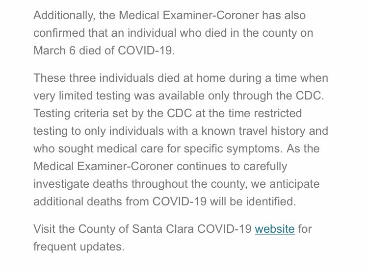 Here is the full statement from Santa Clara County public health officials https://www.sfchronicle.com/health/article/First-known-U-S-coronavirus-death-occurred-on-15217316.php