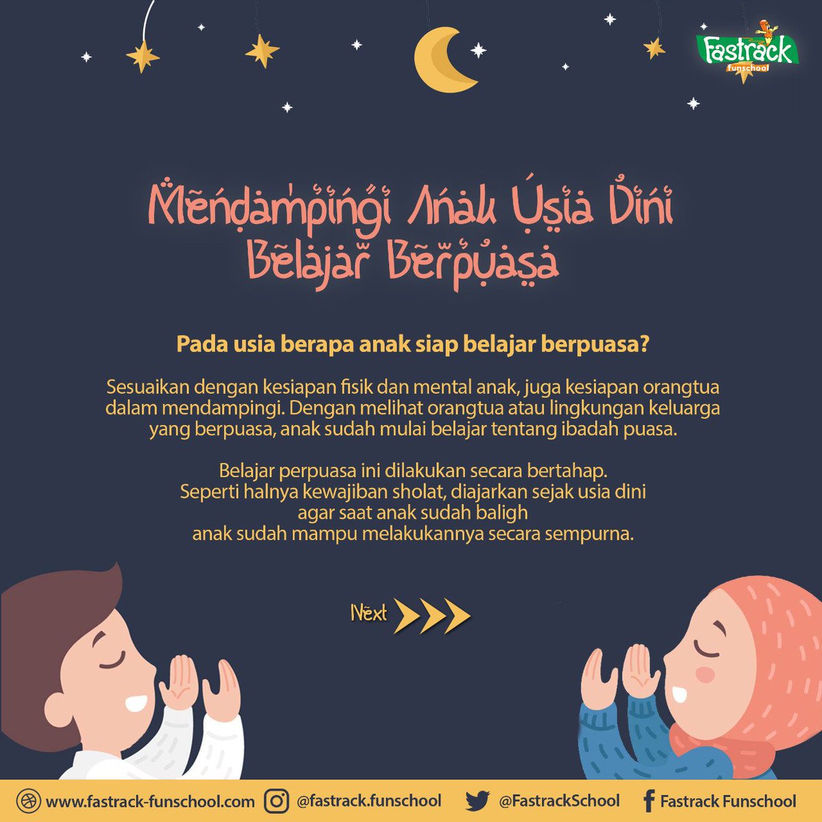 FastrackSchool's tweet photo. Kami rangkum hsil dr pengalaman kami mengamati byk ortu yg berhasil mengajarkan anak berpuasa. Memberikan stimulasi pendidikan/kebiasaan baik pd anak sejak usia dini pondasinya adl dg tetap memegang hak-hak anak & prinsip mendidik anak #fastrackfunschool #belajarberpuasa https://t.co/0GjWLYsCG1