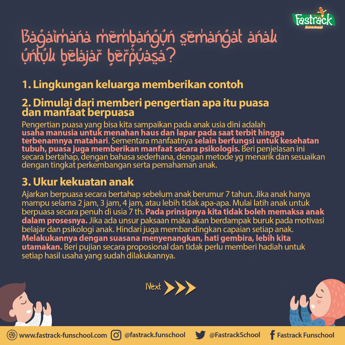 FastrackSchool's tweet photo. Kami rangkum hsil dr pengalaman kami mengamati byk ortu yg berhasil mengajarkan anak berpuasa. Memberikan stimulasi pendidikan/kebiasaan baik pd anak sejak usia dini pondasinya adl dg tetap memegang hak-hak anak & prinsip mendidik anak #fastrackfunschool #belajarberpuasa https://t.co/0GjWLYsCG1