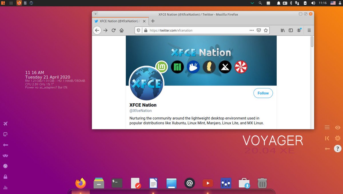 XfceNation's tweet image. Want an #Xfce distro with a Mac OS-like look? Try out Voyager Linux, a Xubuntu derivative which has a dock, an exposé-like feature, and it spices up the desktop with system stats and easy toggles or launchers for things like wifi, and encrypted folders. #VoyagerLinux #VoyagerLive