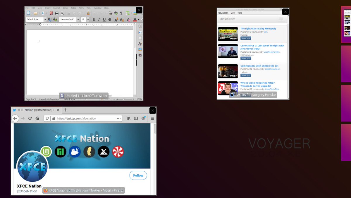 XfceNation's tweet image. Want an #Xfce distro with a Mac OS-like look? Try out Voyager Linux, a Xubuntu derivative which has a dock, an exposé-like feature, and it spices up the desktop with system stats and easy toggles or launchers for things like wifi, and encrypted folders. #VoyagerLinux #VoyagerLive