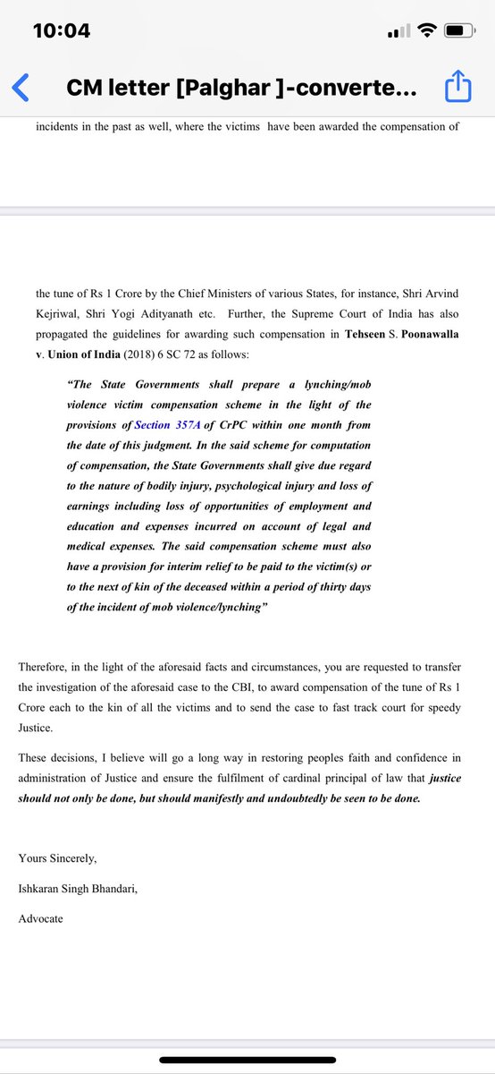 To the Hon’ble CM  @OfficeofUT , below is legal representation on behalf of Family of Victim of Palghar Mob Lynching.Hoping for a positive response from your good offices