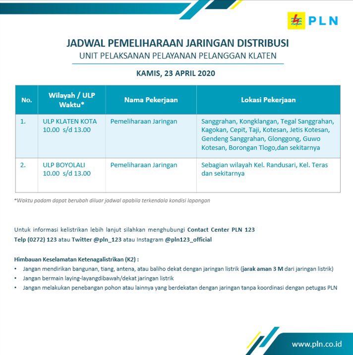 #infoPLN #klaten
Rencana pemeliharaan besok Kamis, tanggal 23 April 2020 untuk wilayah kerja ULP Klaten Kota &amp; ULP Boyolali.