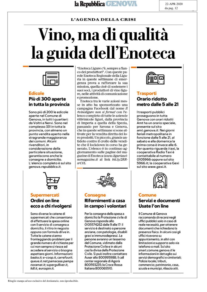 LiguriaWine's tweet photo. Oggi @rep_genova - La Repubblica Genova parla di noi, dedicandoci titolo e colonna centrale! Il #vinoligure non si ferma!

#lamialiguria #enotecaliguria #iorestoinvigna #iobevoitaliano https://t.co/Smzg70mlF9