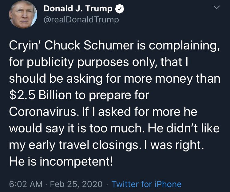 3/ Retweet from Trump about work on coronavirus vaccine on January 28, 2020.Claiming that the only reason Chuck Schumer said $2.5B to prepare for “Coronavirus” was not enough was for publicity purposes.