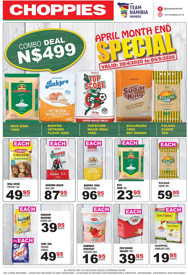 TeamNamibia's tweet photo. Check out Choppies Namibia "local is lekker" April monthend unbeatable prices.
The offer is valid from 20 April to 05 May 2020.
#Bakpro
#Nammilk
#buylocal
#NamibMills
#PASTAPOLANA
#RiceKingNamibia
#TopScoreNamibia
#SugarKingNamibia https://t.co/AvpsLfWqIC