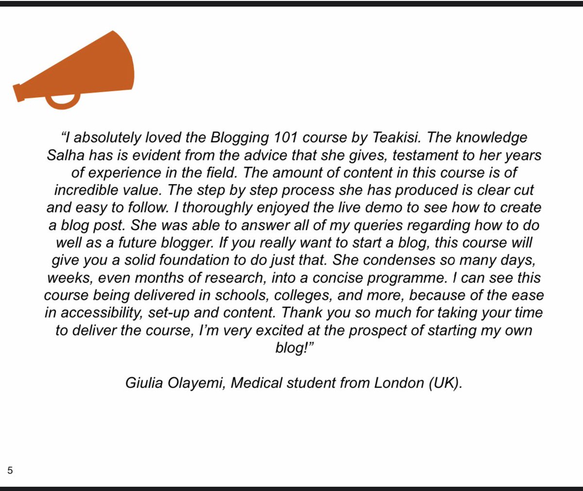 Teakisi's tweet image. “I can see this course being delivered in schools, colleges, and more, because of the ease in accessibility, set-up and content.” 

🙌🏾 💃🏾 

We are really pleased with our first feedback on our blogging course. Thank you Giulia. 🙏🏾

#Blogging101 #Teakisi #LearnToBlog #Skills #Blog