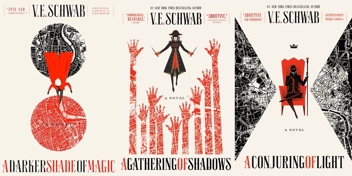 (3) Shades of Magic trilogy by V.E. Schwab- Adult historical fantasy series.- Set in four parallel Londons: Red (flourishes with magic), Grey (magicless), White (brutal starving of magic), and Black (obliterated).- Fantastic world building, one of my all time favorites.