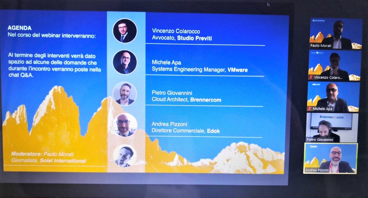 soiel_it's tweet photo. 💡💻 Siamo on line con: #StudioPreviti @brennercom @VMware_IT #Edok #Webinar in corso: Le qualità del #CloudEnterprise: tecnologia e servizi su misura https://t.co/Pgjzk9nR0M #cloudprovider #cloud #businesscontinuity #compliance #gdpr #security #AgID #bCLOUD https://t.co/iSD6f0Kf9U