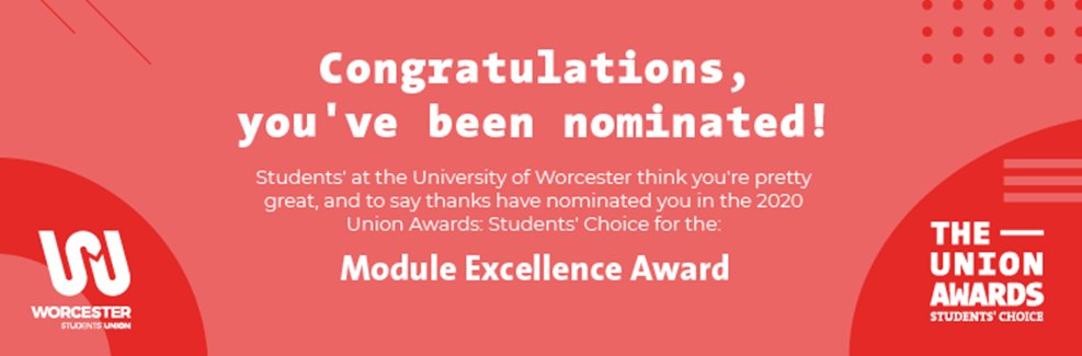 Very happy to share the good news that one of my @worcester_uni modules (Intro to Digital Techniques) has been nominated for an award. Thanks very much to my fab students for voting and of course to my wonderful @uowjour colleagues for their support. Cheers! #learningbydoing