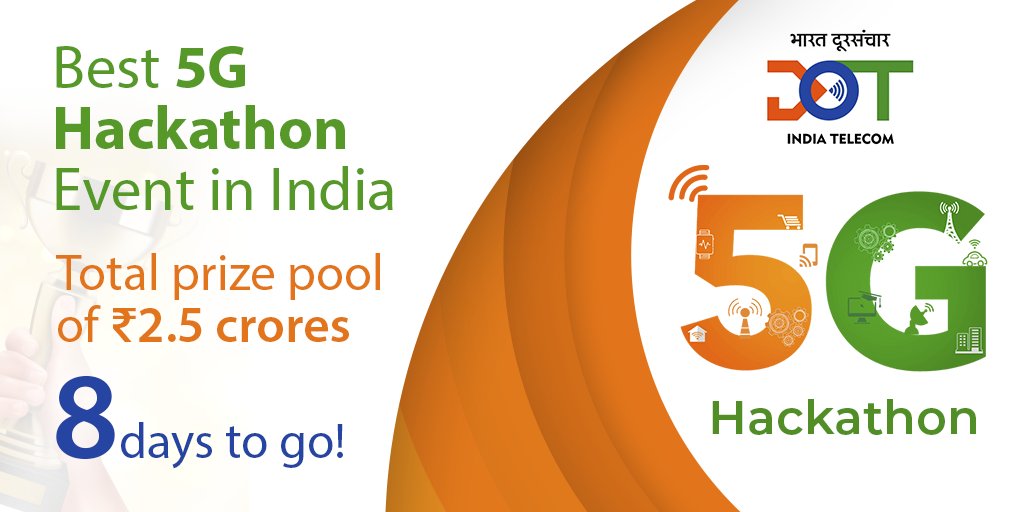 Hackathon5g's tweet photo. We are really excited about the number of applications pouring in. Just 8 days left to apply for the biggest #5GHackathon in India. Total prize pool of 2.5 crores. Submit your India-specific #5G use cases at https://t.co/0qXy7ah9P2 https://t.co/FS7G8P8Mzw
