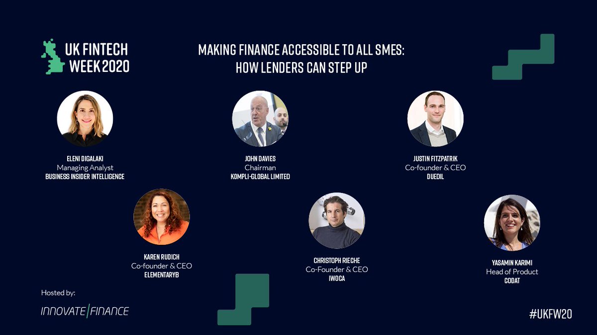InnFin's tweet photo. Upcoming #UKFW20 webinar

🕑Today 13:00 BST
🚀What can #FinTech do to support #SMEs with lending in a recovering economy?
🗣️Speakers from @BIIntelligence @kompliglobal @duedil @elementaryb4MME @iwoca &amp; Codat!

Register: https://t.co/zSVDTD7ZEk https://t.co/lRqyNuDEgT