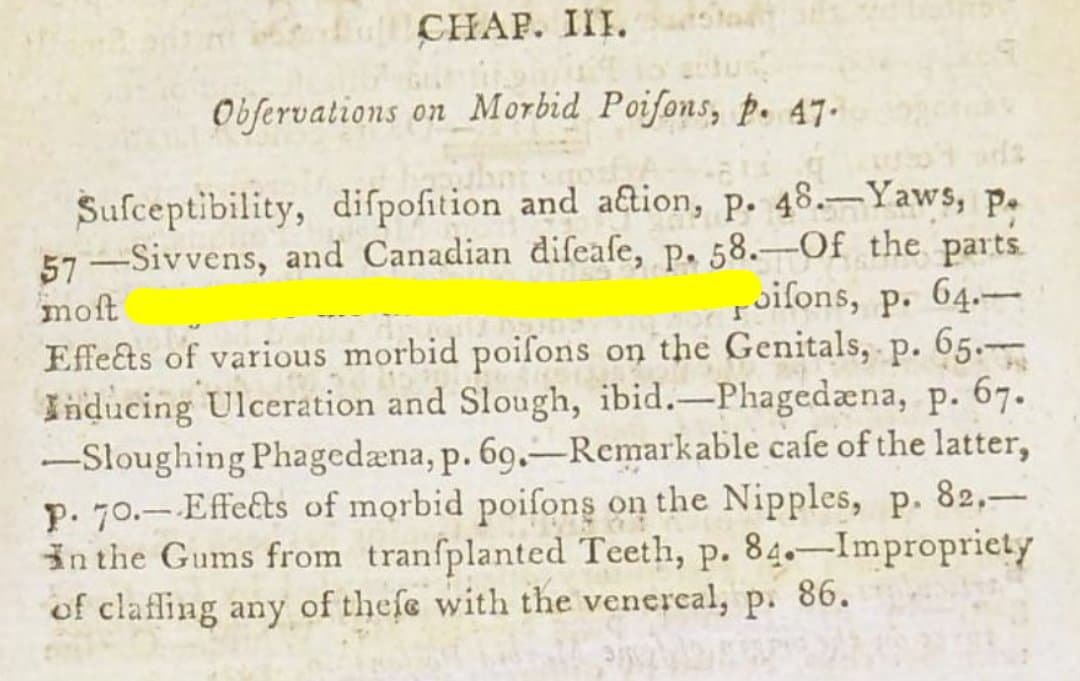 In 1795 he published his Observations on Morbid Poisons. This includes a small section on sibbens (6 pages), in which he talks about how mysterious a disease it is, and his frustration over the lack of information about it.