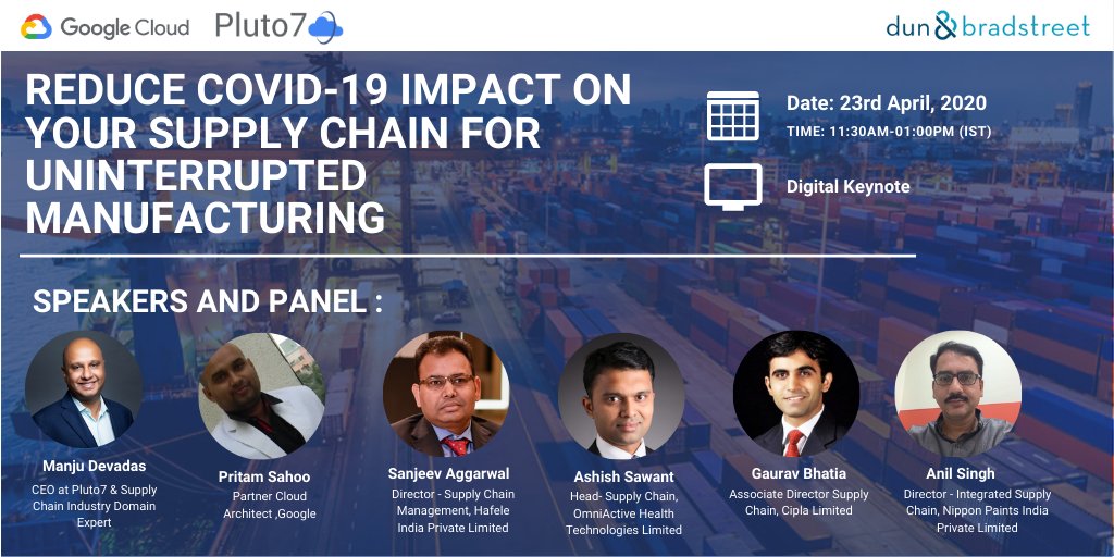 Pluto7_Services's tweet photo. We are excited to bring you our digital keynote in partnership with @googlecloud , powered by @DNB_India
that will help you manage fragile supply chains,reduce costs, & mitigate risk. Join us on 23rd April,11:30 AM (IST): https://t.co/G7FYTasGRl
#Pluto7 #GoogleCloud #supplychai https://t.co/bHZEhGIZsc