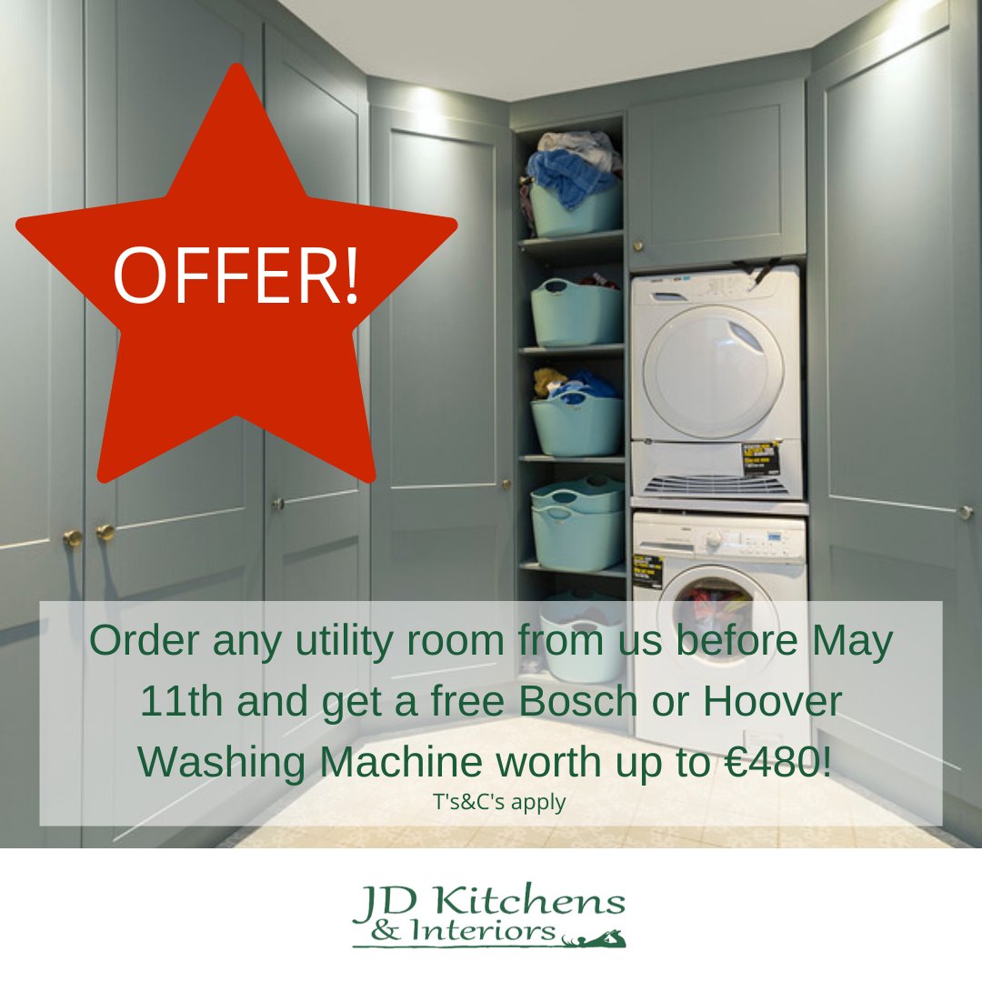 JDKitchens_'s tweet photo. Order any utility room from us before May 11th and get a free Bosch or Hoover Washing Machine.
Minimum order value of €2,000 applies. 
Bosch WAN24108GB or Hoover DHL1492D3-80 included
Offer valid until 11th May, 2020
Email info@jdkitchens.ie 
#WeAreJDKitchens #workingfromhome https://t.co/cwP7G3HT5H