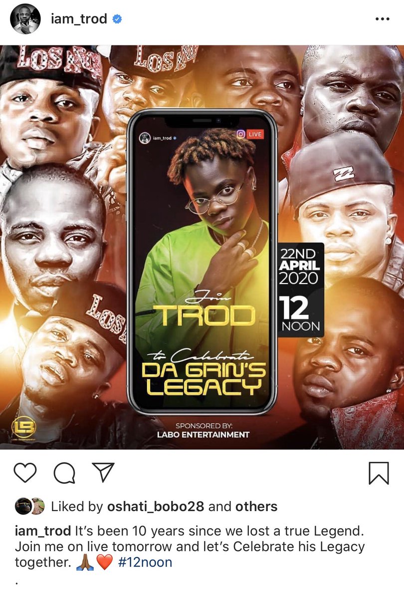 DaGrin’s brother TROD (The Return of Dagrin) would be going live on IG to celebrate his late brother by 12 noon!  #Dagrin10yrs  #RIPDaGrin