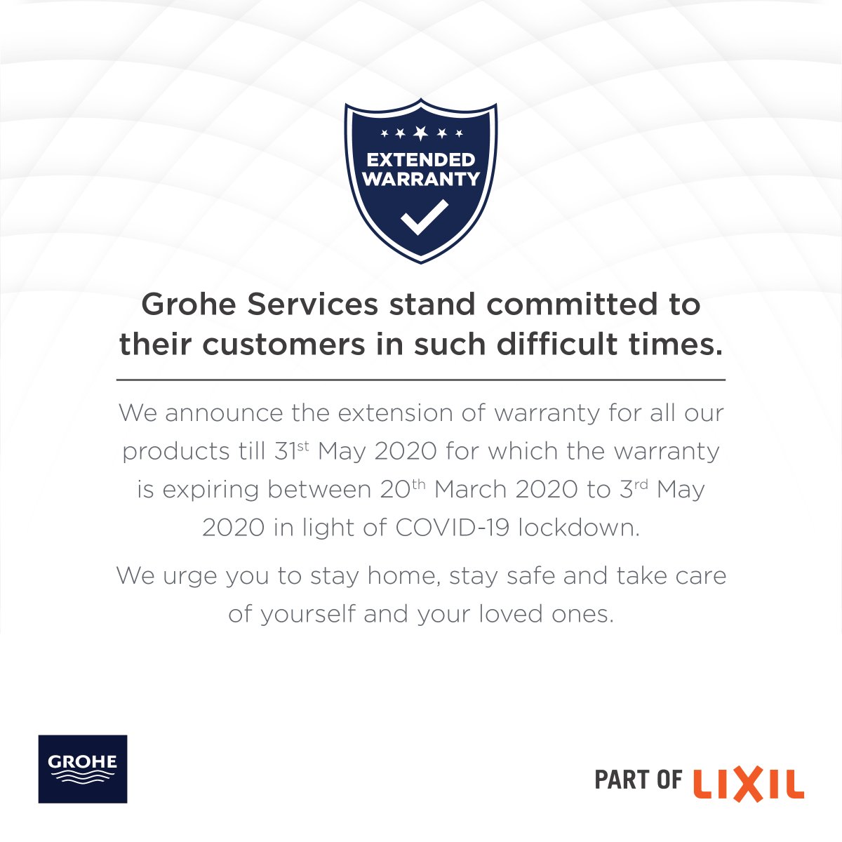 GROHEIN's tweet photo. LIXIL Alert - Don't worry if your Grohe product warranty is getting expired during COVID-19 lockdown. Enjoy our extended warranty policy. Details in the post.
#customerfirst #customerexperience #LIXILIndia #GroheIndia #Grohewarranty #warranty https://t.co/5TKqibV1qM