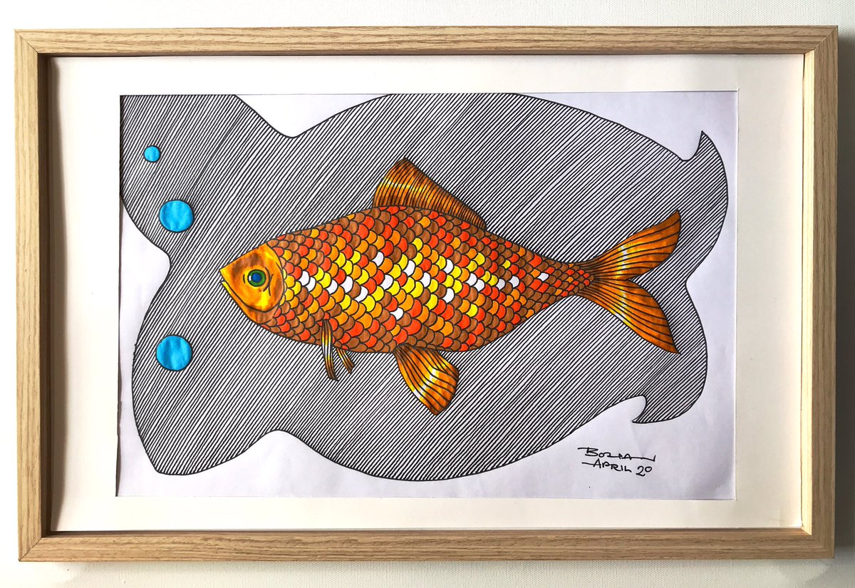 Each work is in ink on paper & is A3 sized (11.7 x 16.4 inches; 29.7 x 42cm)The Amber Goldfish (2020)