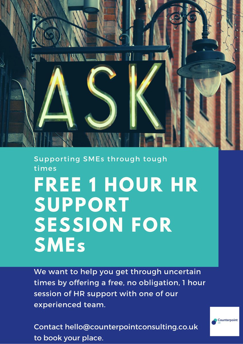 CounterpointHR's tweet photo. UK SME? We are offering up to an hour free HR advice for small businesses during #CoronavirusLockdownUK . Just email hello@counterpointconsulting.co.uk to book your spot! #SmallBusiness #hrsupport https://t.co/PJcmEQqo2R