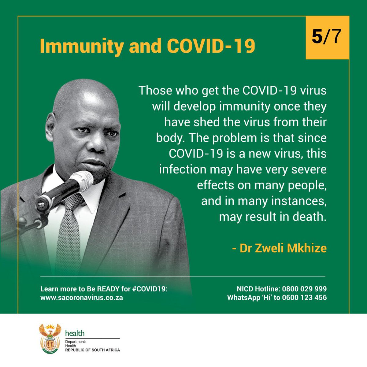 There have been many questions about whether a person can contract  #COVIDー19  #Covid19inSA a second time after shedding the viral load.  @DrZweliMkhize explains what immunity is and how it relates to  #coronavirus...(2/2)