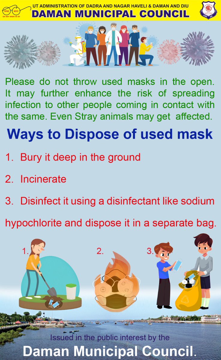 GurpreetTheGirl's tweet photo. Wearing of face mask in public places is compulsory in view of #Covid_19india However, it is equally important to dispose of the used masks in a responsible manner. Here's what you can do #WearMask #StaySafeStayHome #avoidfacetouching #StayAtHome #StayHomeIndia #Daman @DmnCeodp https://t.co/PwiNzEP3o1