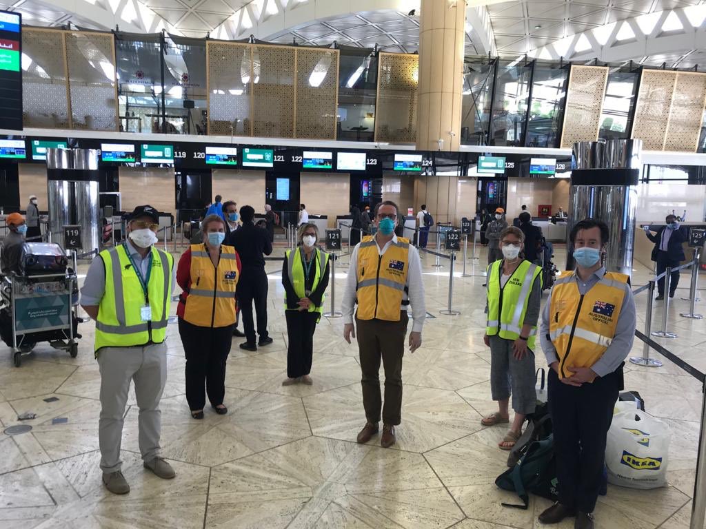 AusAmbKSA's tweet photo. Thrilled to see >70 Aussies and their families on the way home to 🇦🇺 from 🇸🇦 today. Thanks to #Saudia and authorities in #KSA for working with us to make this special flight happen. And grateful for the fantastic friendship and support of the NZ Embassy. Safe travels! https://t.co/XuGye06X7X