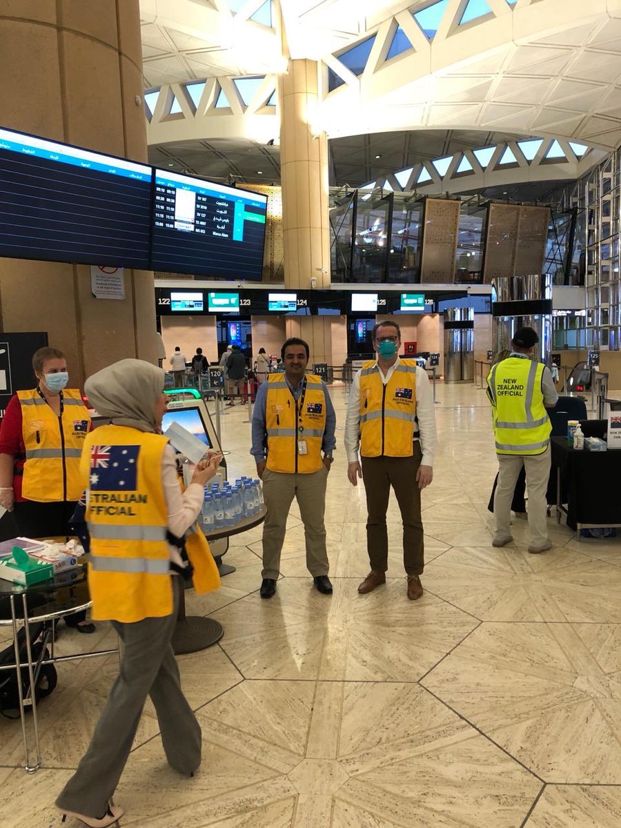 AusAmbKSA's tweet photo. Thrilled to see >70 Aussies and their families on the way home to 🇦🇺 from 🇸🇦 today. Thanks to #Saudia and authorities in #KSA for working with us to make this special flight happen. And grateful for the fantastic friendship and support of the NZ Embassy. Safe travels! https://t.co/XuGye06X7X