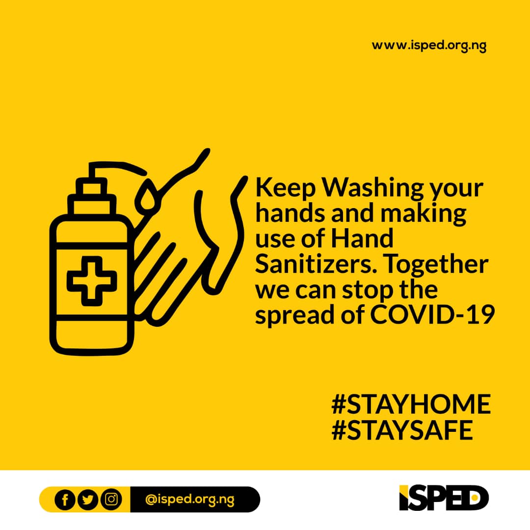 IspedOrg's tweet photo. Keep Washing your hands and making use of Hand Sanitizers. Together we can stop the spread of Covid-19.

#StayHome
#StaySafe https://t.co/utmfghjOaq