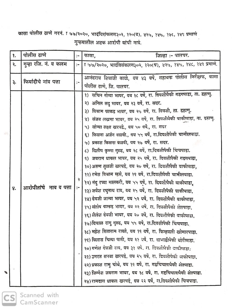 Mreyazsaikh's tweet photo. पालघर की घटना में पुलिस हिरासत हुए 101 लोगों की सूची यहाँ सांझा  की जा रही है।  जो असमाजीक लोग इस घटना को धार्मिक रंग देने की  पूरी कोशिश कर रहे थे, वह इसे ध्यानपूर्वक पढ़ें...
#ZeroToleranceForCommunalism
#LawAndOrderAboveAll https://t.co/gxoN1VpXGc