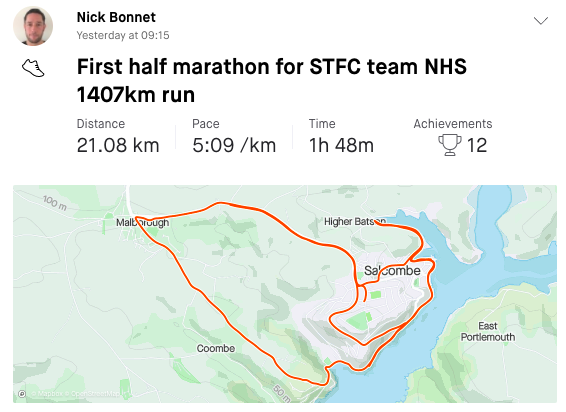 SalcombeTownFC's tweet photo. STFC run update from DAY ONE: 72.5km complete.

Map shows where we are up to on the route and a selection of the runs also added.

https://t.co/mpLpEuWiTO https://t.co/akNczeCEuQ