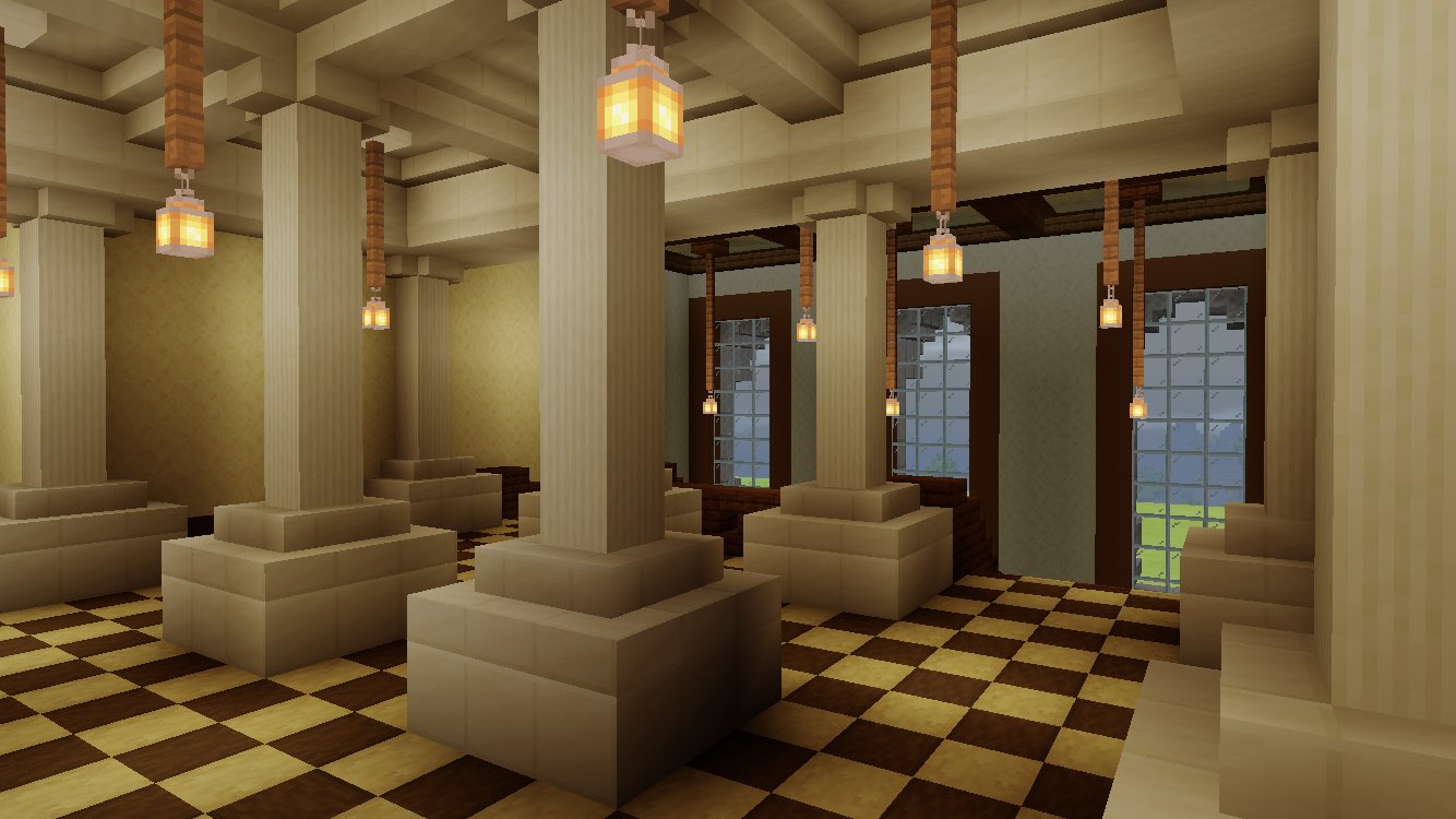 黒樫市 Minecraft現代都市開発 内観 写真1 2階中央階段ホール 写真2 集会室暖炉 写真3 2階バルコニー 写真4 寝室塔屋内部 Minecraft Minecraft マイクラ マイクラpe T Co Svx53dcs19 Twitter