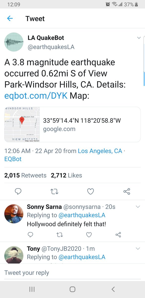 sonnysarna's tweet photo. Earthquake felt all over LA! Can't sleep now! 😳 https://t.co/JIHDAXuyfV