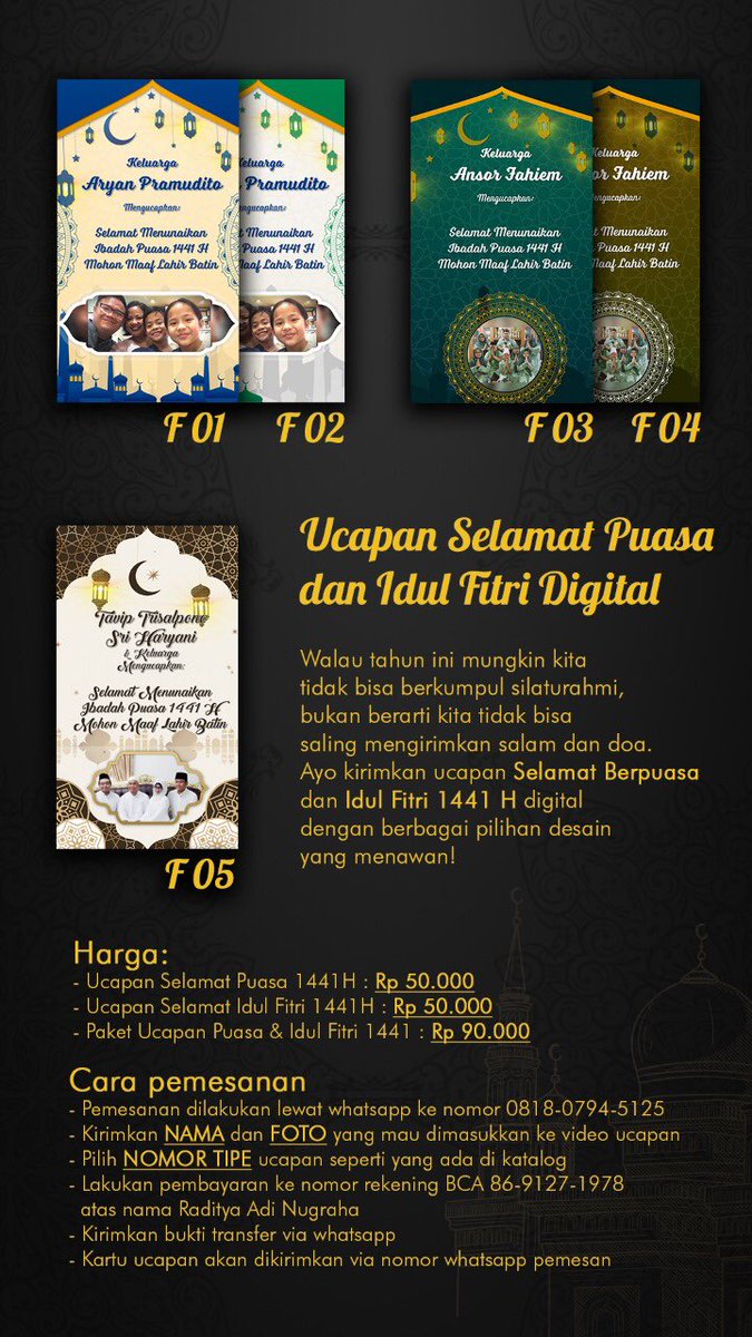 yuuk saling berkirim ucapan selamat puasa dan idul fitri via motion graphic digital. paketan combo lebih murah.. contoh ucapannya ada di twit berikutnya