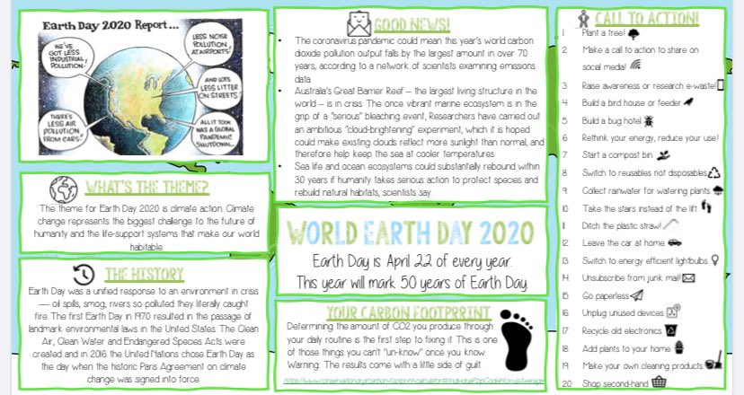 GordonsGeog's tweet photo. Some good news to share on today’s #earthday Think about what you could be doing whilst you’re at home to make yourself a little more earthly! 🌏🌼🌿🌳#EarthDay2020 #EarthDayAtHome https://t.co/rZnUdYsddW